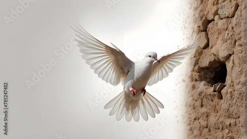 an beautiful dove carrying an acorn isolate on a white background peers out from a hole in the wall