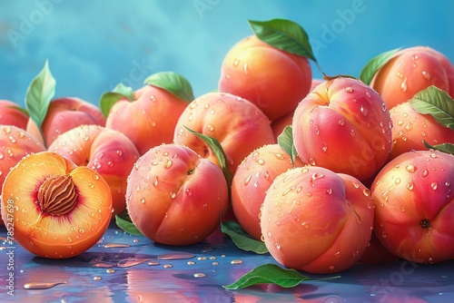 A pile of peaches with water drops on a blue background. photo