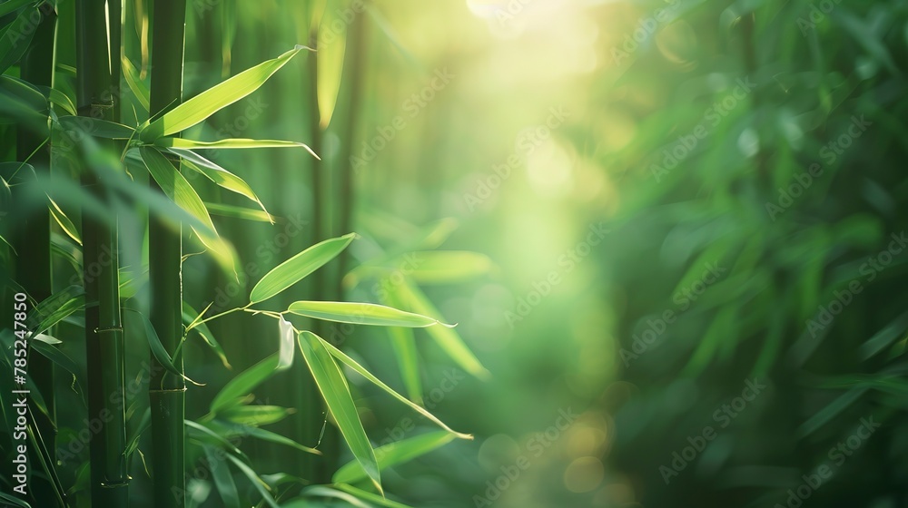 Bamboo forest path, sunbeams filtering through, close-up of leaves, straight-on angle, soft backlight  - obrazy, fototapety, plakaty 