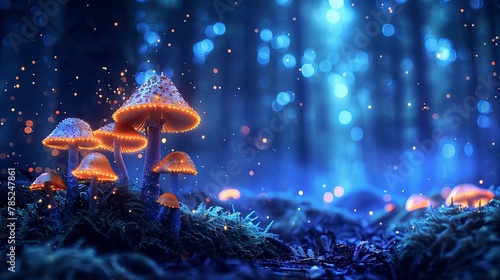 Dark forest, glowing mushrooms, close-up on ground, low angle, eerie blue night light 