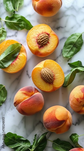 A marble table covered with peaches and basil leaves.