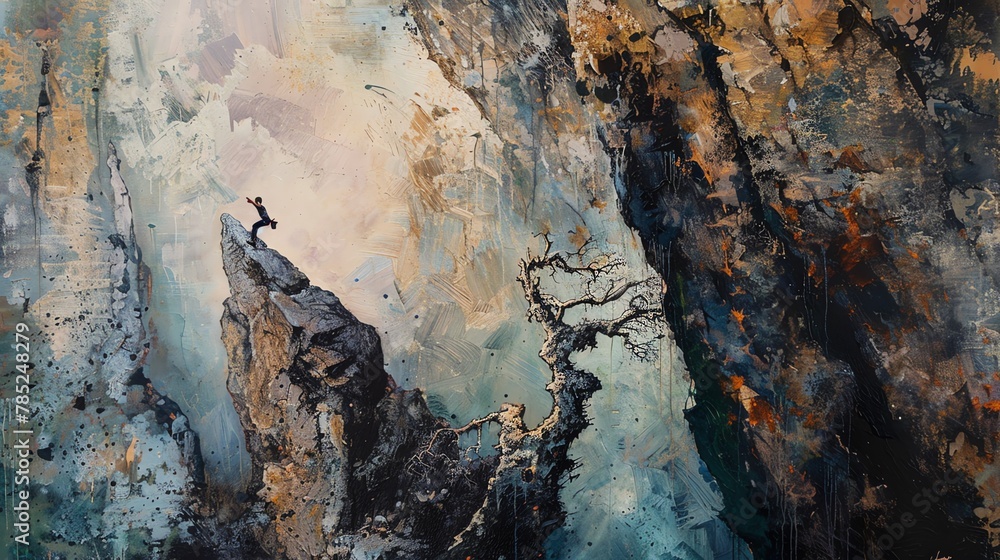 Depict a rock climber scaling a towering cliff, with a focus on the inner battle of fear and determination Use traditional art medium to convey the intense psychological struggle Depict a rock climber scaling a towering cliff, with a focus on the inner battle of fear and determination Use traditional art medium to convey the intense psychological struggle