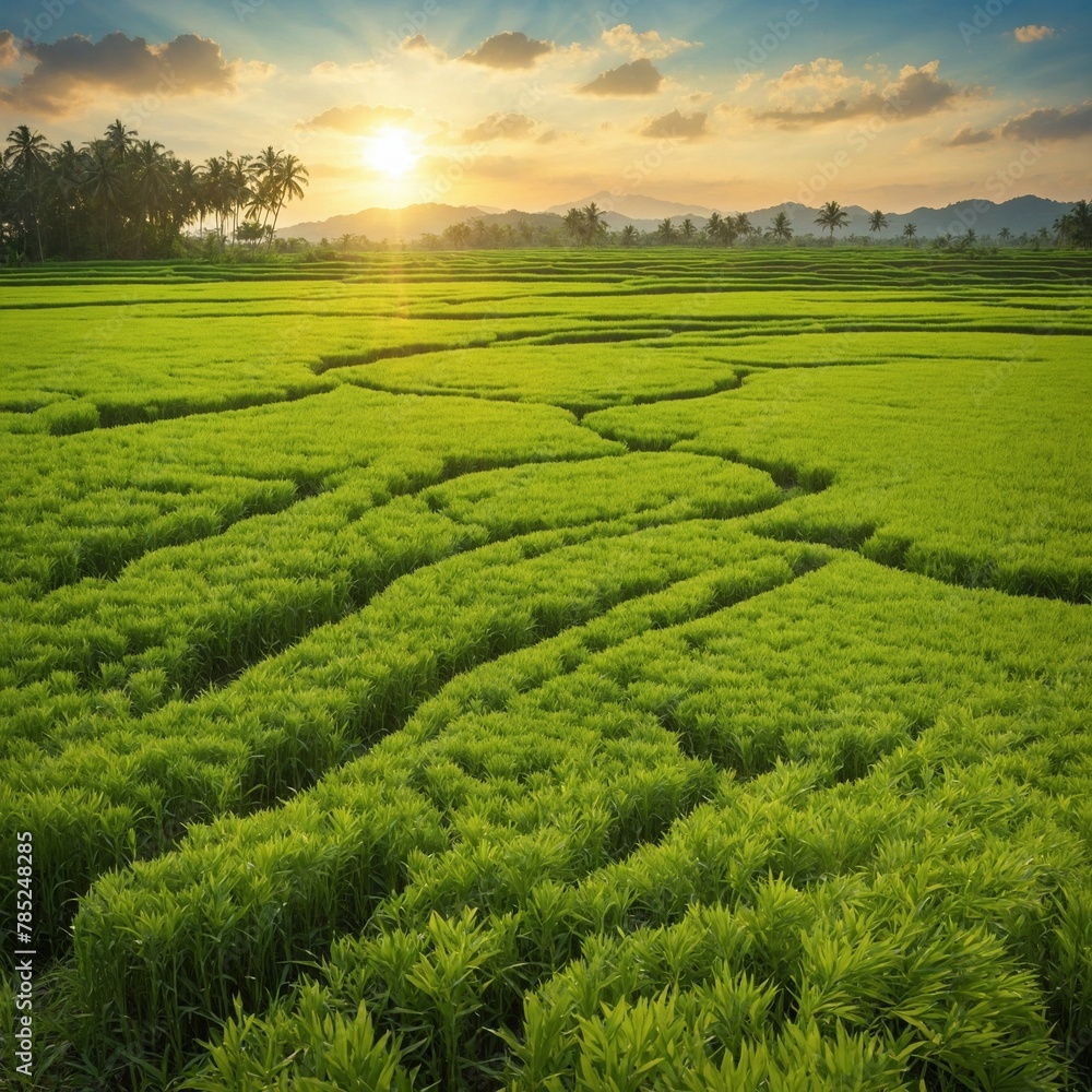 Breathtaking view unfolds as sun sets over lush, green rice field, casting warm glow that illuminates intricate patterns of terraces.