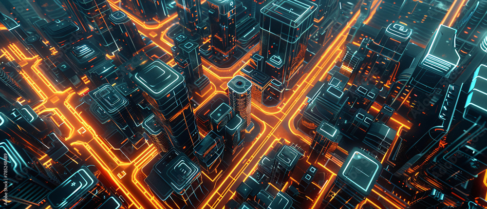 Aerial view of a futuristic city with glowing orange digital pathways