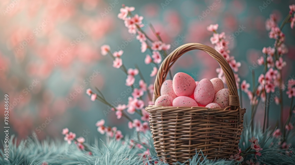 Easter Eggs in a Wicker Basket Surrounded by Pink Flowers in a Field Easter Eggs in a Wicker Basket Surrounded by Pink Flowers in a Field