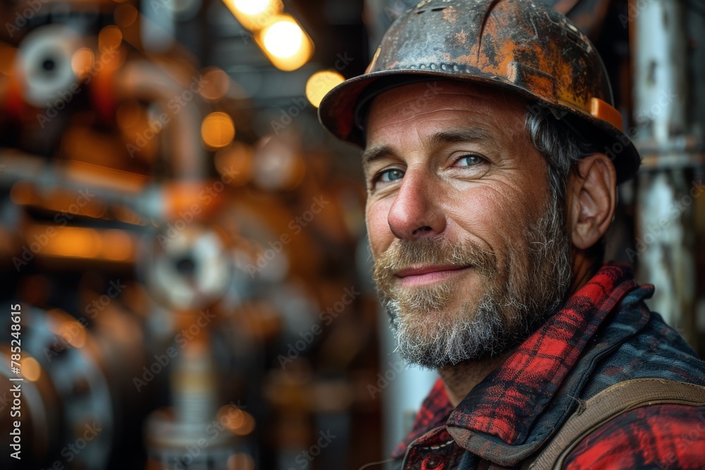 A close-up of a smiling male worker wearing a hard hat and a red plaid shirt, with industrial equipment in the background A close-up of a smiling male worker wearing a hard hat and a red plaid shirt, with industrial equipment in the background