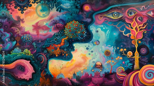 Dive into a surrealistic landscape where dreams meet reality, using vivid colors and intricate detailing in your acrylic painting Explore psychological concepts with unexpected camera angles to captur