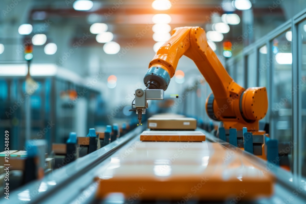 Industrial orange robot arm handling food processing tasks in a modern factory setting Industrial orange robot arm handling food processing tasks in a modern factory setting