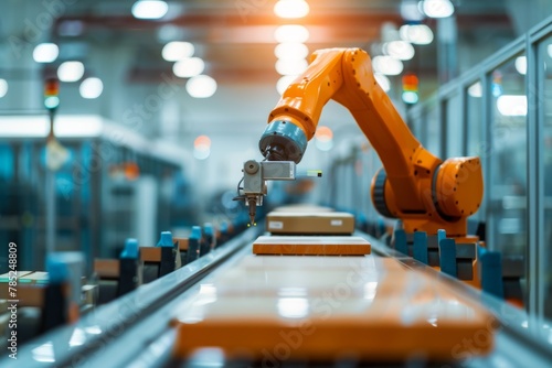 Industrial orange robot arm handling food processing tasks in a modern factory setting