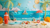 Festive beach atmosphere crafted in paper art   showcasing water sports gear on the sand with a panoramic sea view
