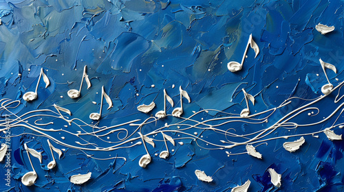 Visual symphony of white music notes elegantly set against a rich blue backdrop   celebrating the beauty of musical art