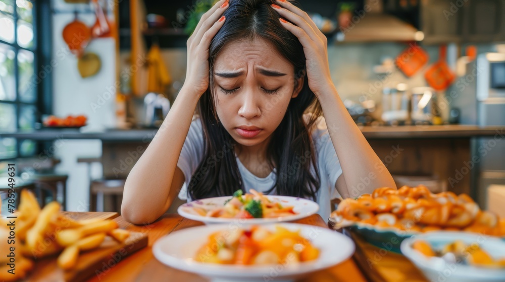 Distressed young lady with a variety of dishes on table, looking stressed about making a food choice.