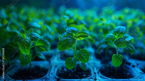 Vibrant green seedlings thriving under blue LED plant growth lights in a controlled indoor environment. photo