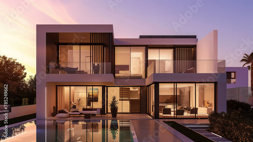 Modern house with pool during golden hour photo