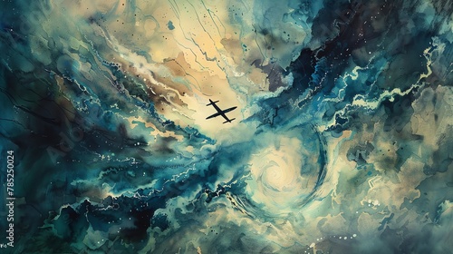 Illustrate Amelia Earharts final flight with a hauntingly beautiful composition, showcasing her plane disappearing into a mysterious, ethereal vortex, rendered in vivid watercolors © Samaphon