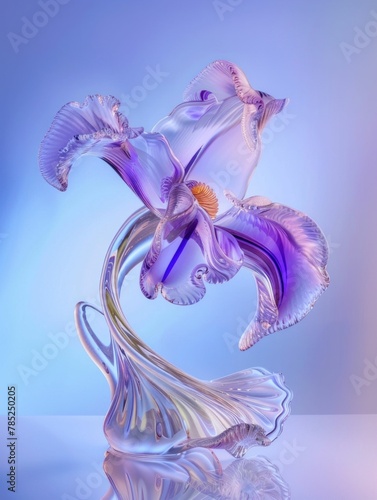 Glass Sculpture of Iris Flower on Blue Surface with Blue Background Elegant Artistic Creation of Nature's Beauty and Simplicity
