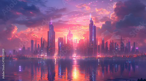 Sci-Fi City Skyline with Purple and Cyan Neon, Futuristic SciFi Cityscape Gradient Wallpaper in 8K HighQuality Digital Art 