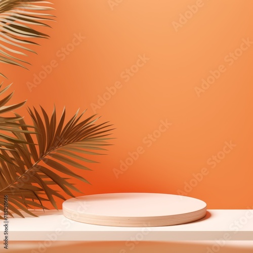 Orange background with palm leaf shadow and white wooden table for product display  summer concept. Vector illustration