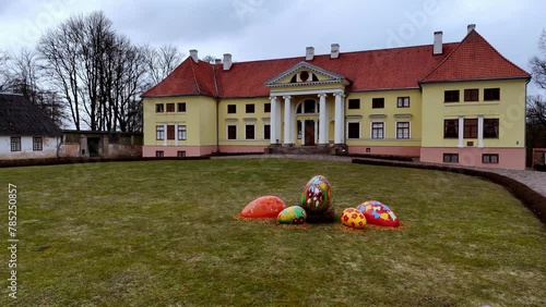drone rotate around Durbe Manor  Neoclassical manor house located in Tukums, in the historical region of Zemgale, in Latvia photo