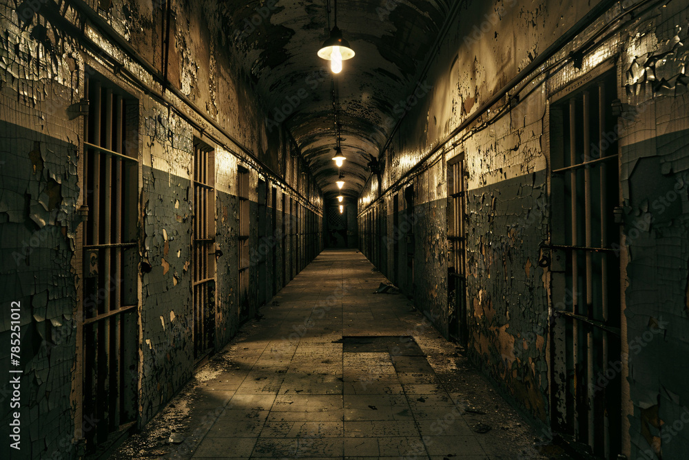 Dimly lit corridor in an abandoned prison with cell doors on sides