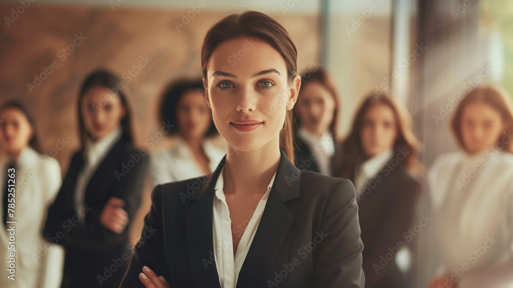 A happy young businesswoman stands confidently in front of her team A happy young businesswoman stands confidently in front of her team