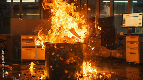 Intense office emergency with a burning waste bin spreading flames in a corner evoking urgency and danger