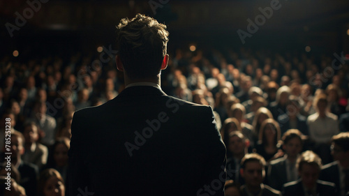 Businessman is standing and speaking on stage in an auditorium