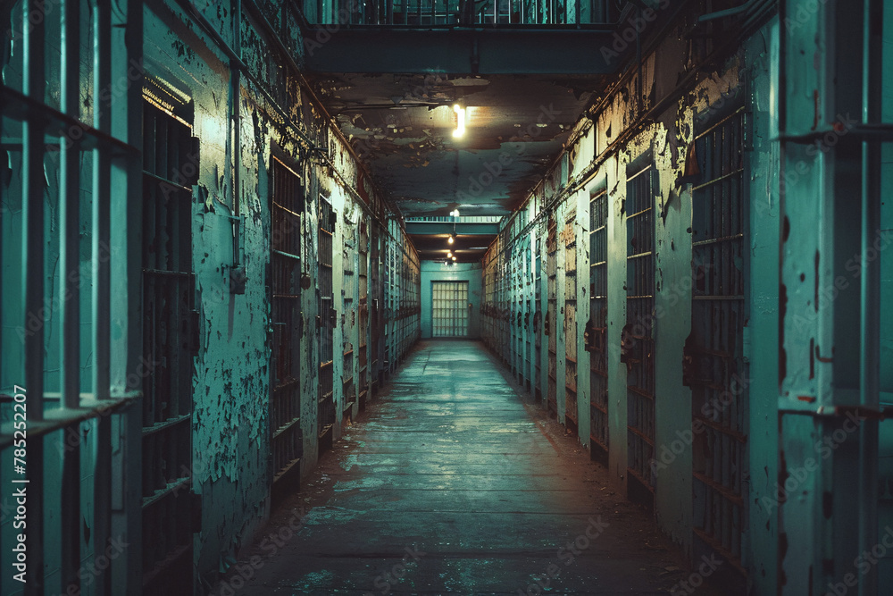 Eerie abandoned prison corridor with cell doors and dim lighting