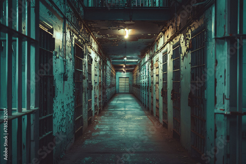 Eerie abandoned prison corridor with cell doors and dim lighting