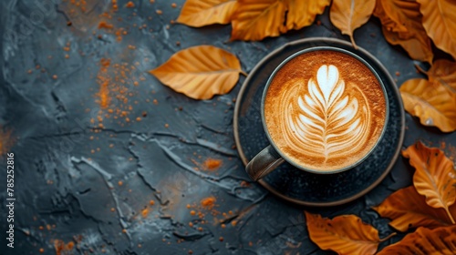 Pumpkin spice latte with artistic foam on a dark backdrop, autumn leaves around photo