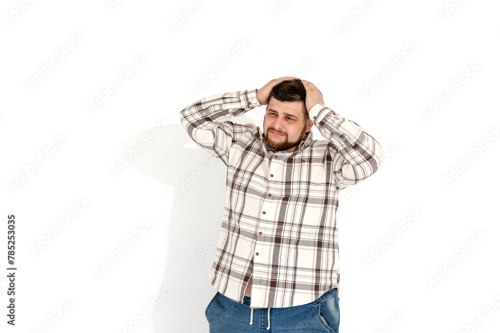 european fat young man emotions of pain on white background european fat young man emotions of pain on white background