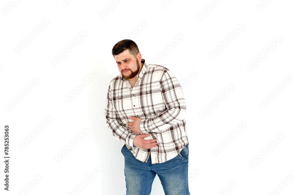 european fat young man emotions of pain on white background european fat young man emotions of pain on white background
