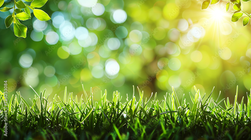 Spring background with green grass and sun light bokeh, copy space for text Spring background with green grass and sun light bokeh, copy space for text