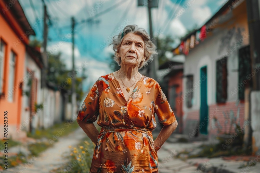 Fototapeta premium Elderly woman standing in the middle of urban street with houses on either side under cloudy sky