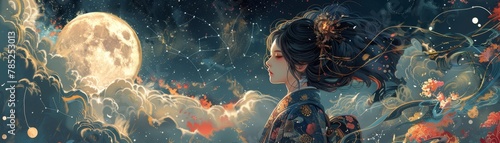 Capture the essence of ancient mystique in a panoramic postclassic masterpiece intertwining astrology and Heian Period aesthetics, embodying a powerful matriarch figure with elements of stealth Delive photo