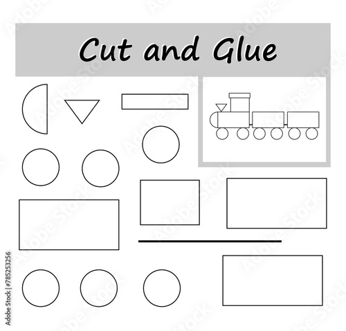 DIY worksheet. Color, cut parts of the image and glue on the paper. Illustration of cartoon train.