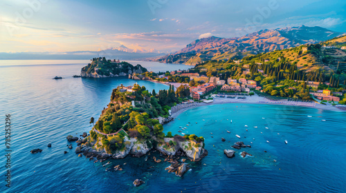 Aerial view of Isola Bella island and beach in Taormin photo