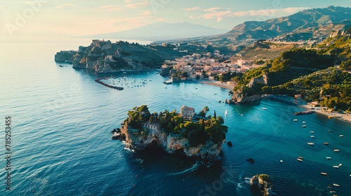 Aerial view of Isola Bella island and beach in Taormin