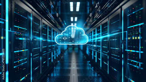 Innovative server room design with cloud on ceiling IT infrastructure