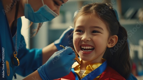 Pediatric dentist awarding a young patient with a bravery medal after dental checkup photo