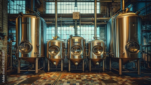 Inside a craft brewery with stainless steel fermenting equipment and industrial charm
