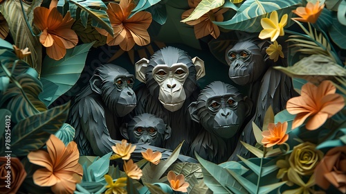 monkey in the forest, paper art © 1eve