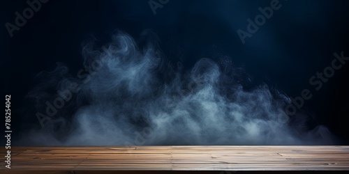 navy blue background with a wooden table and smoke. Space for product presentation, studio shot, photorealistic