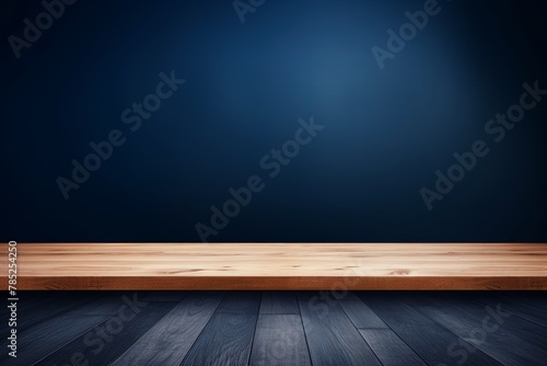 Navy Blue background with a wooden table, product display template. Navy Blue background with a wood floor