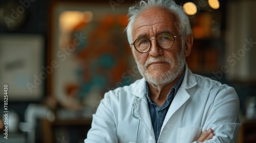 Senior Scientist in a White Lab Coat Standing in Front of a Table with Glasses on