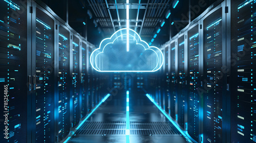 Cloud-integrated server room futuristic technology data storage concept