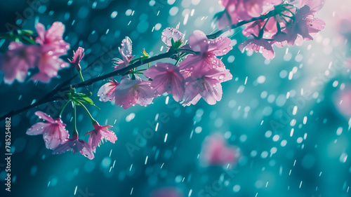Pink cherry blossoms in the rain, colorful illustration