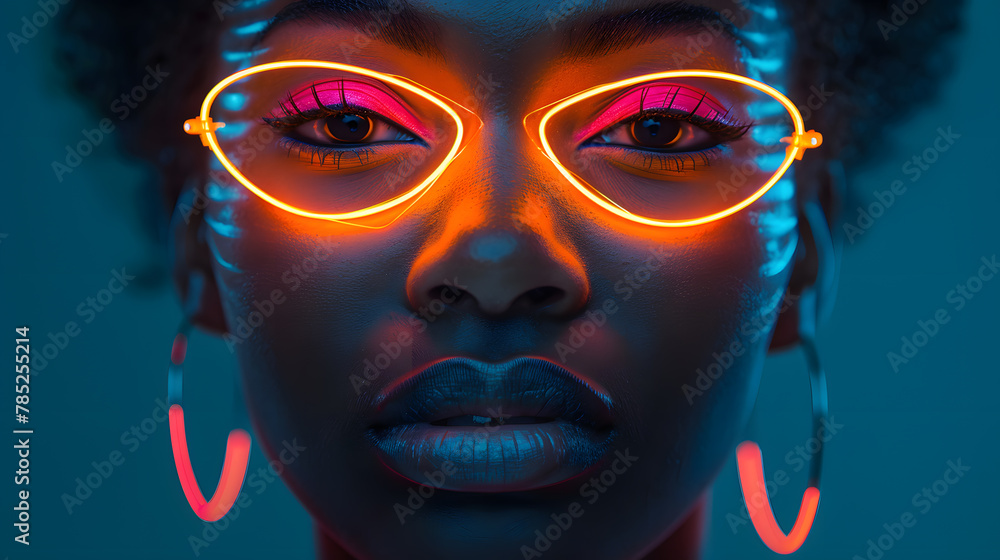 
Imagine
27w




Close up Young African woman fluorescent fashion glasses and make up, model in neon style