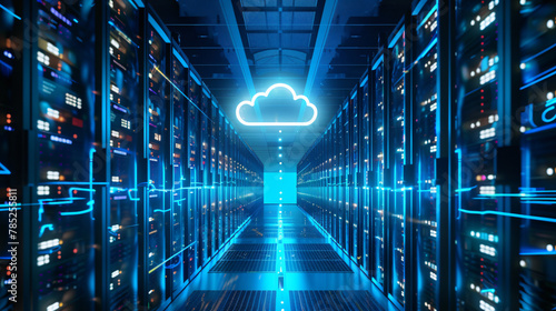 Futuristic server room with cloud on ceiling network infrastructure technology