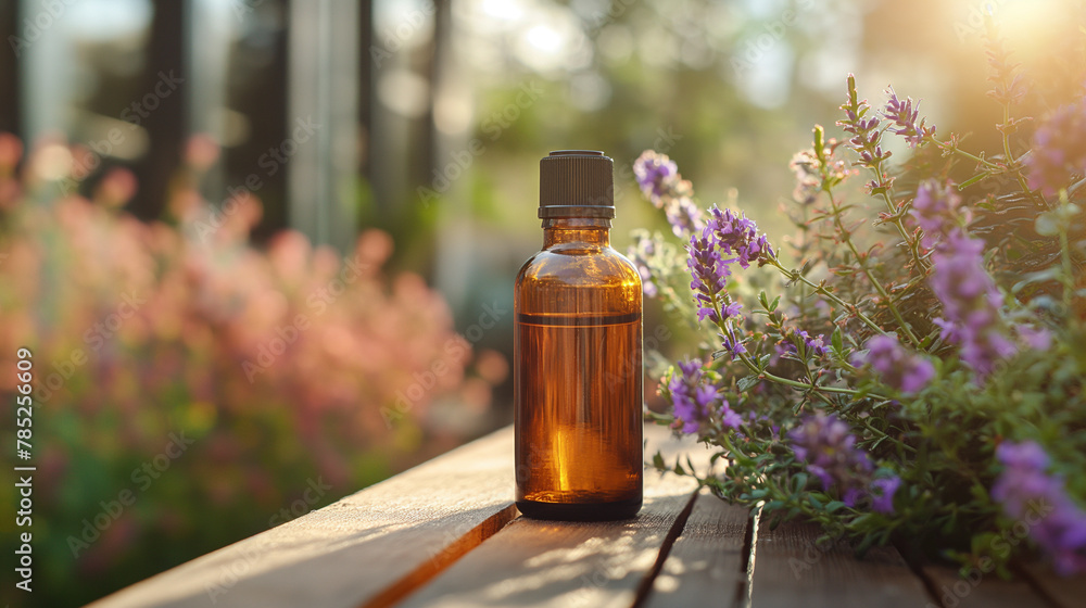 A brown bottle of aromatherapy essential oil with fresh lavender flowers outdoors in a garden in sunlight A brown bottle of aromatherapy essential oil with fresh lavender flowers outdoors in a garden in sunlight
